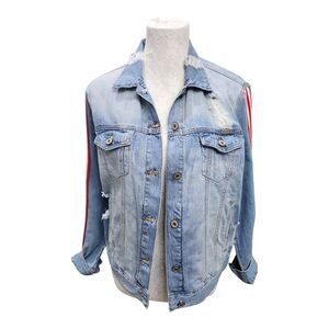 KanCan Los‎ Angeles Jean Jacket Sz Small Stretch DistressDenim Red White Stripe